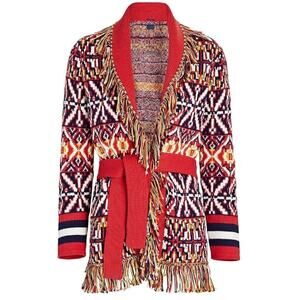 Mother Bass Culture Belted Cardigan Short Sz M Red Fringe Print Sweater Cotton